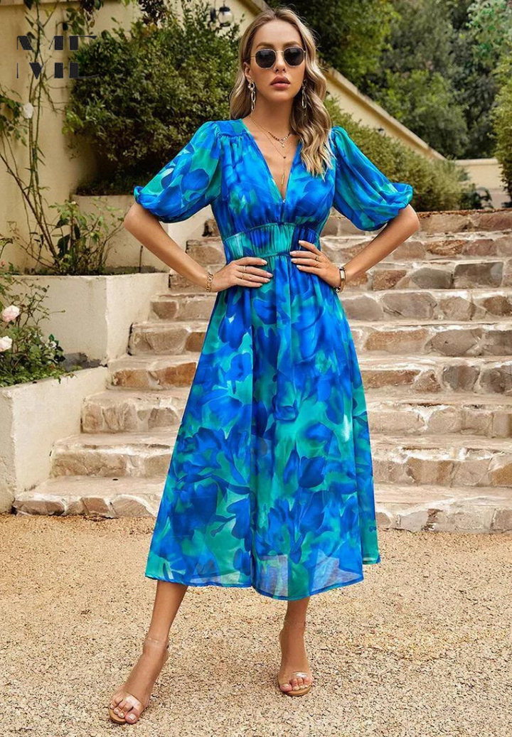 Damen elegantes Midikleid für Hochzeitsgäste in Blau 1