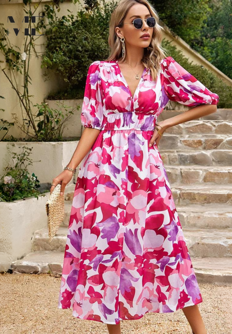 Damen elegantes Midikleid für Hochzeitsgäste in Rosa 1