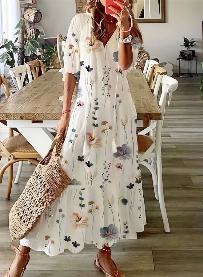 Damen Elegantes Midikleid mit Floraldruck in Weiß