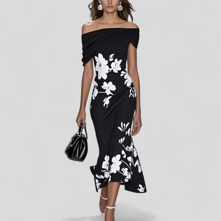 Damen Elegantes Midikleid mit zartem Blumenmuster in Schwarz
