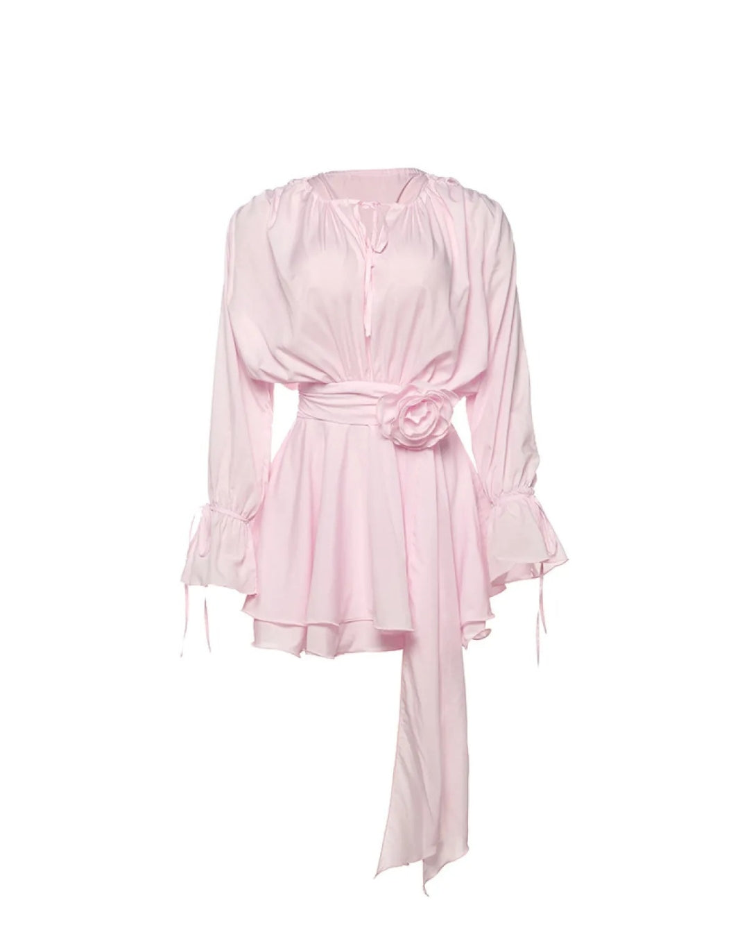Damen Elegantes Minikleid mit Langarm und Rosengürtel in Hellrosa 5