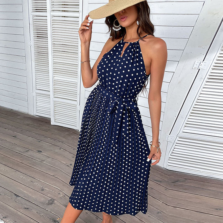 Damen elegantes Pünktchen-Midikleid in Bleu roi