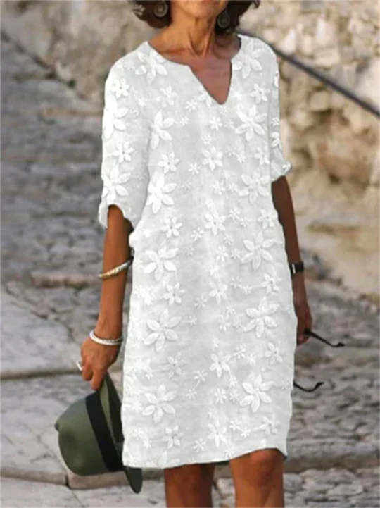 Damen Elegantes Sommerkleid mit Blumendruck in Weiß