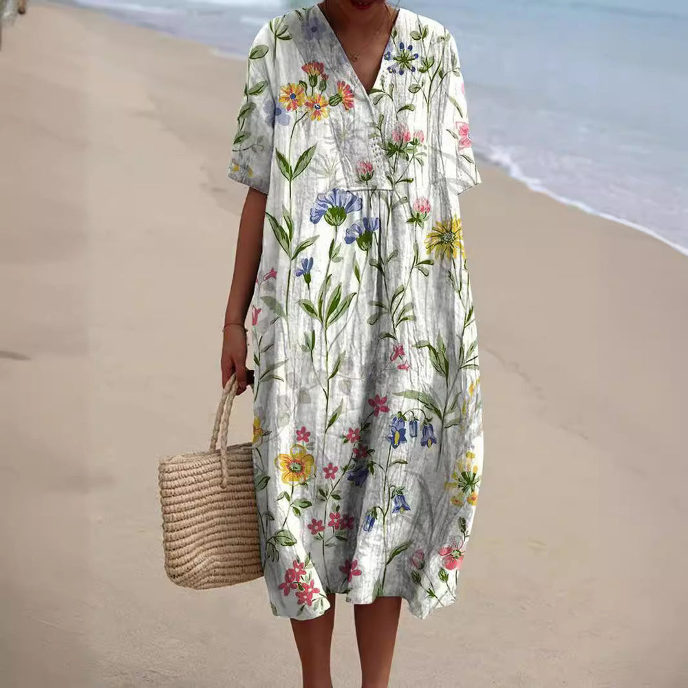 Damen Elegantes Sommerkleid mit Blütenmuster in Weiß