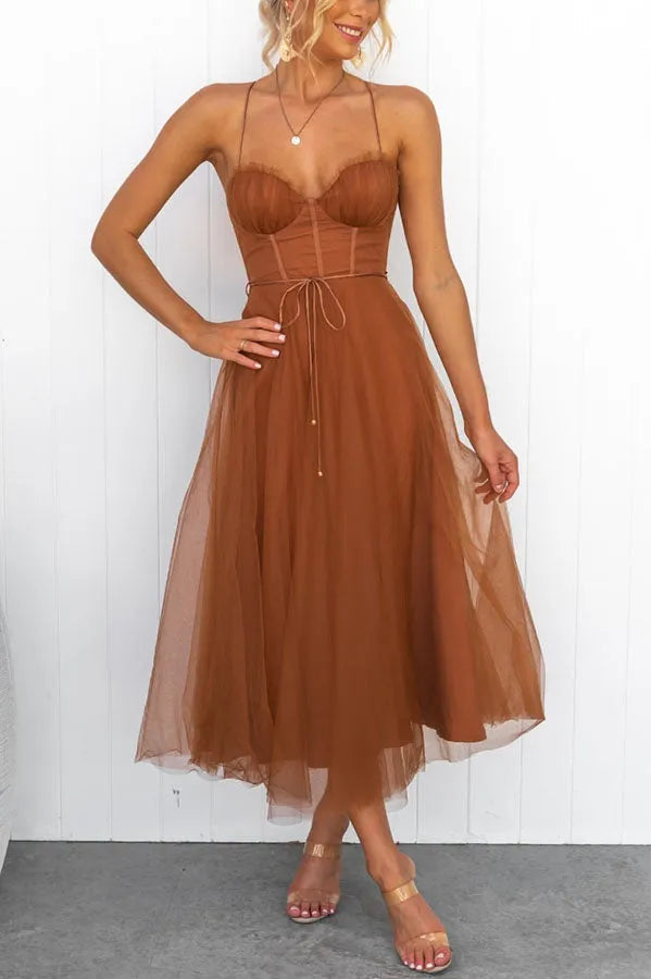 Damen Elegantes Tüll-Midikleid für Hochzeitsgäste und Spezielle Anlässe in Brązowy