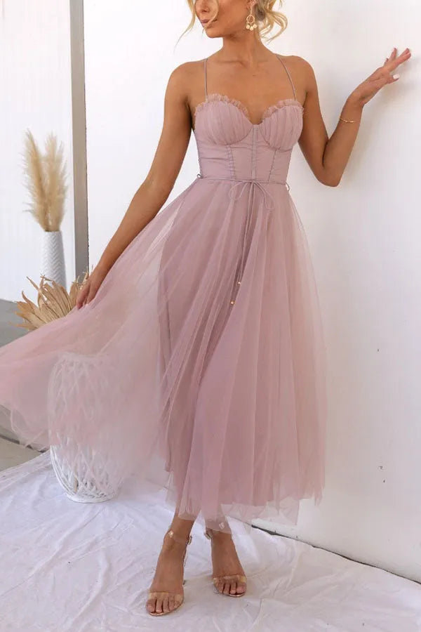 Damen Elegantes Tüll-Midikleid für Hochzeitsgäste und Spezielle Anlässe in Różowy