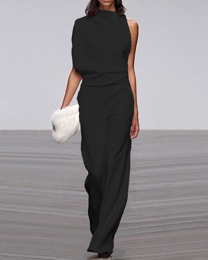 Damen Festlicher Asymmetrischer Jumpsuit mit Weitem Bein in Schwarz