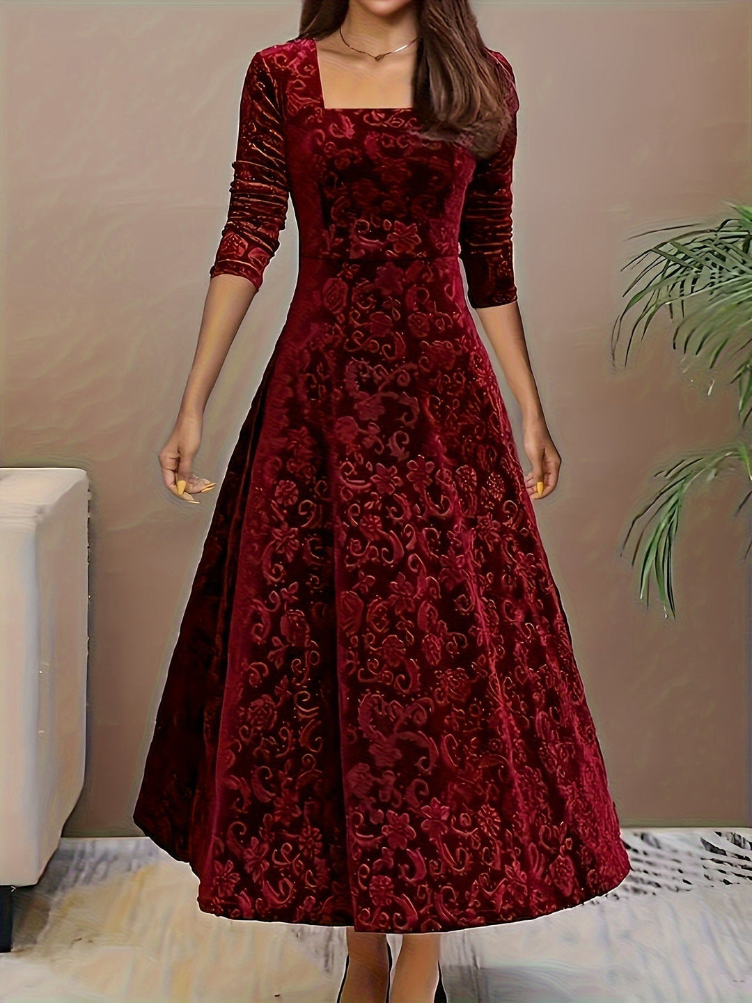 Damen Festliches Abendkleid Lang aus Velours in Dunkelrot