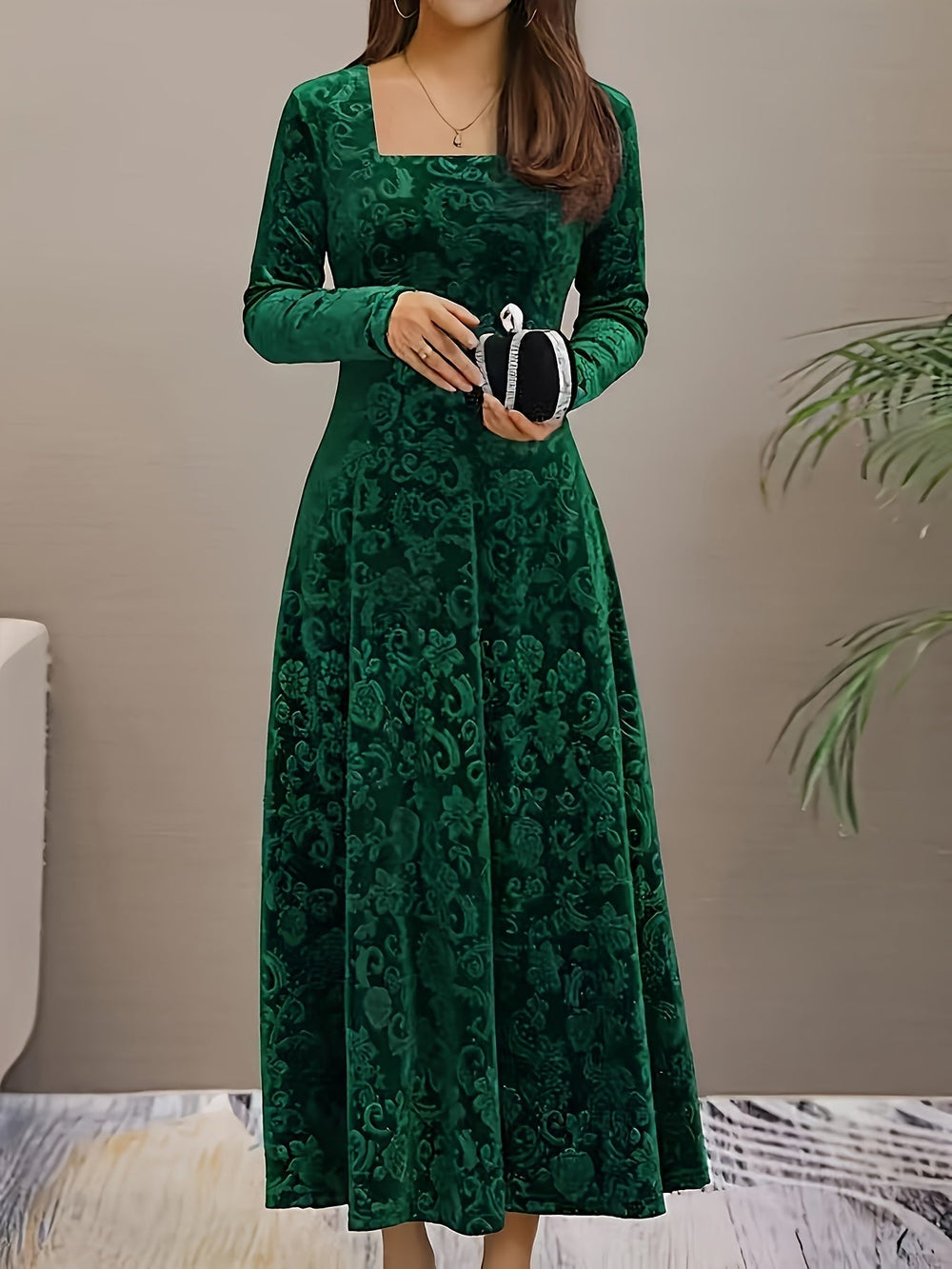 Damen Festliches Abendkleid Lang aus Velours in Grün