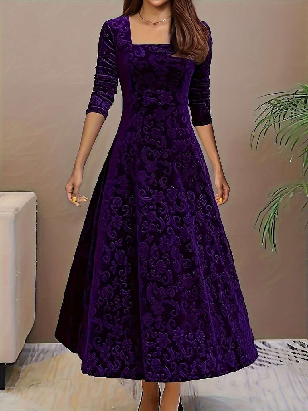Damen Festliches Abendkleid Lang aus Velours in Lila