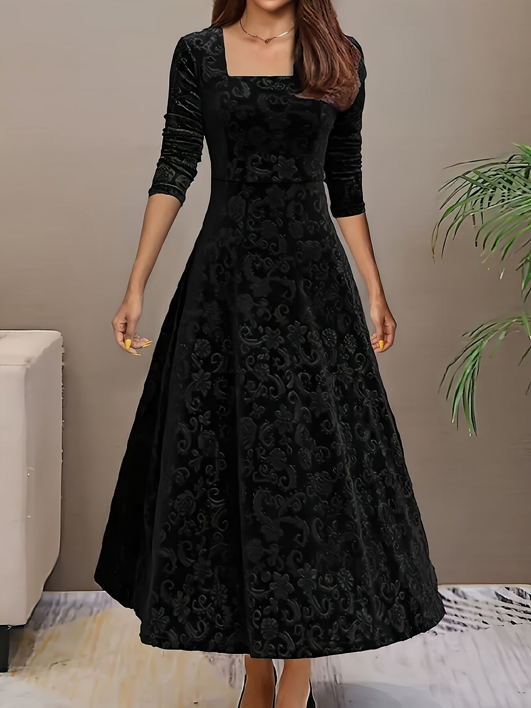 Damen Festliches Abendkleid Lang aus Velours in Schwarz