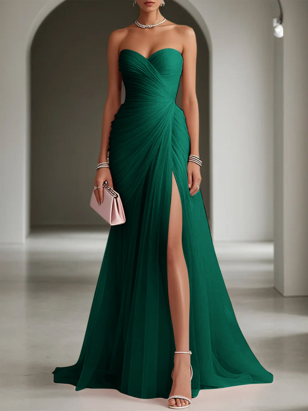 Damen festliches Abendkleid lang mit Schlitz in Dunkelgrün