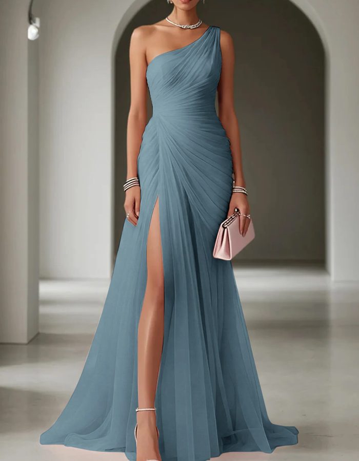 Damen festliches Abendkleid lang mit Schlitz in Dusty Blue