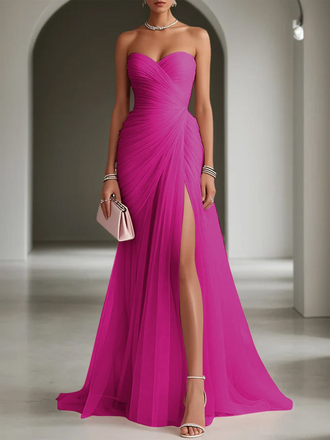 Damen festliches Abendkleid lang mit Schlitz in Fuchsia Pink