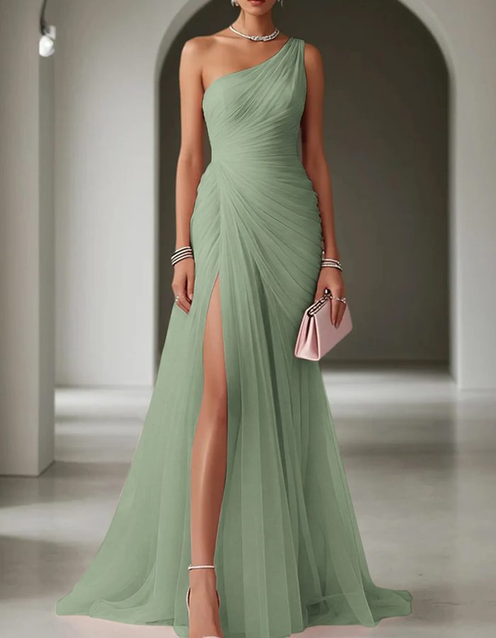 Damen festliches Abendkleid lang mit Schlitz in Grün