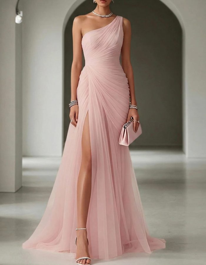 Damen festliches Abendkleid lang mit Schlitz in Rosa