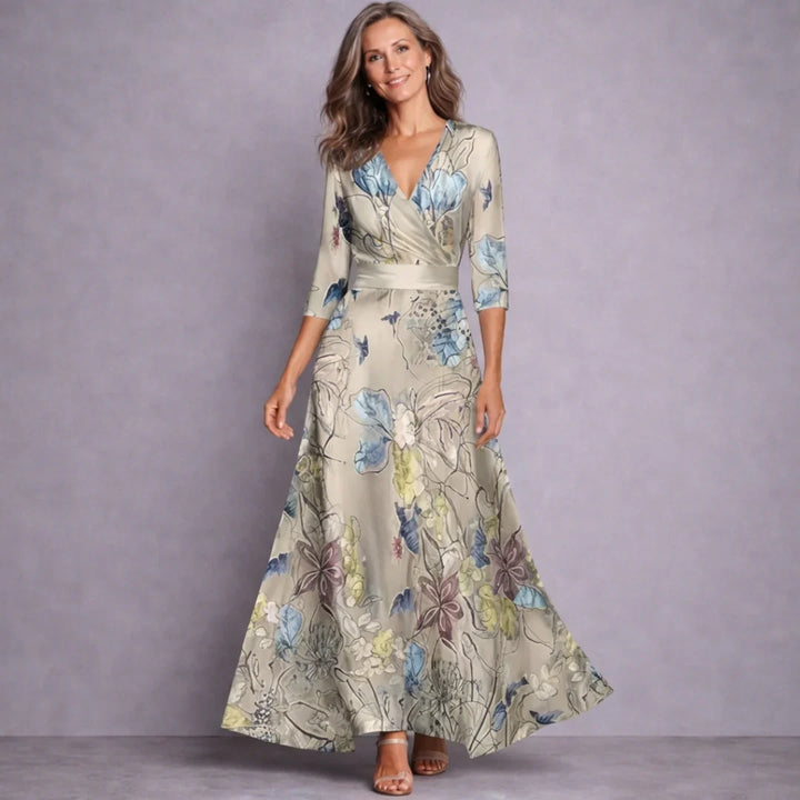 Damen Festliches Maxikleid mit Blüten in Sand/Beige