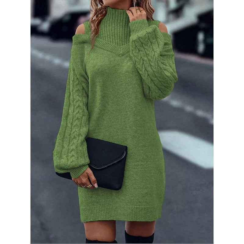 Damen Festliches Strickkleid mit Rollkragen und Cold-Shoulder (11)