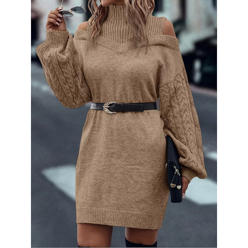 Damen Festliches Strickkleid mit Rollkragen und Cold-Shoulder (2)