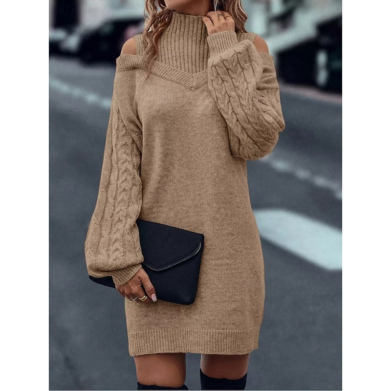 Damen Festliches Strickkleid mit Rollkragen und Cold-Shoulder (4)
