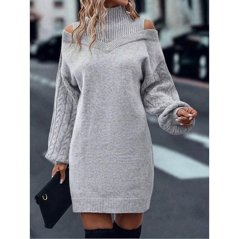 Damen Festliches Strickkleid mit Rollkragen und Cold-Shoulder (9)