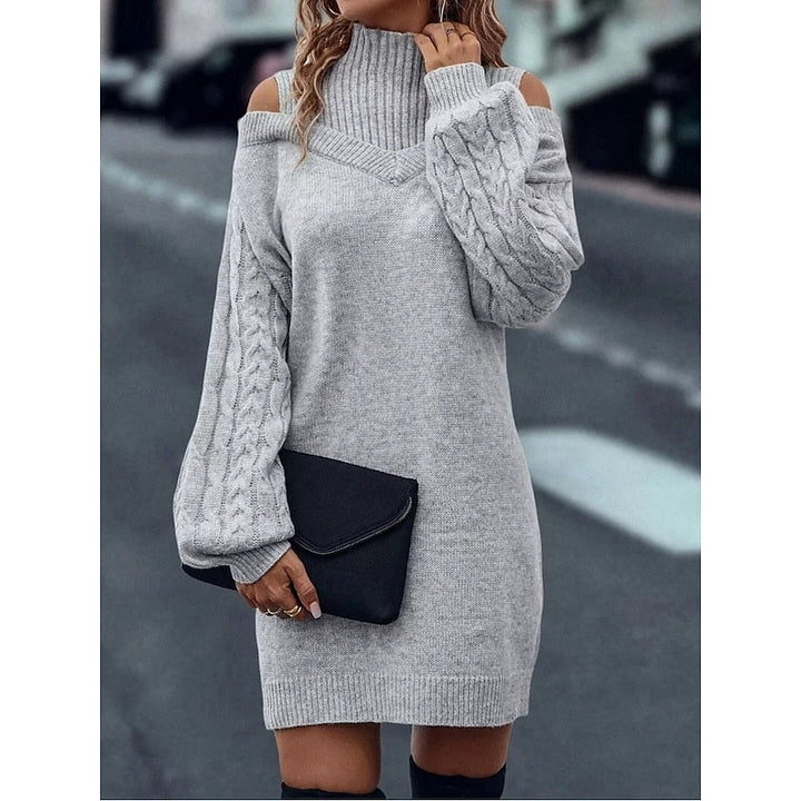 Damen Festliches Strickkleid mit Rollkragen und Cold-Shoulder in Grau