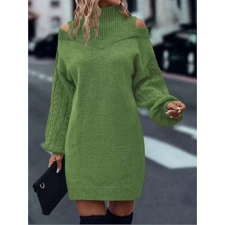 Damen Festliches Strickkleid mit Rollkragen und Cold-Shoulder in Grün