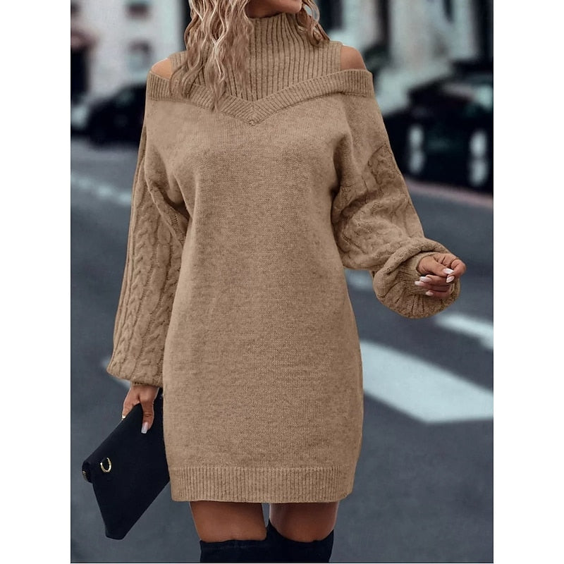 Damen Festliches Strickkleid mit Rollkragen und Cold-Shoulder in Khaki