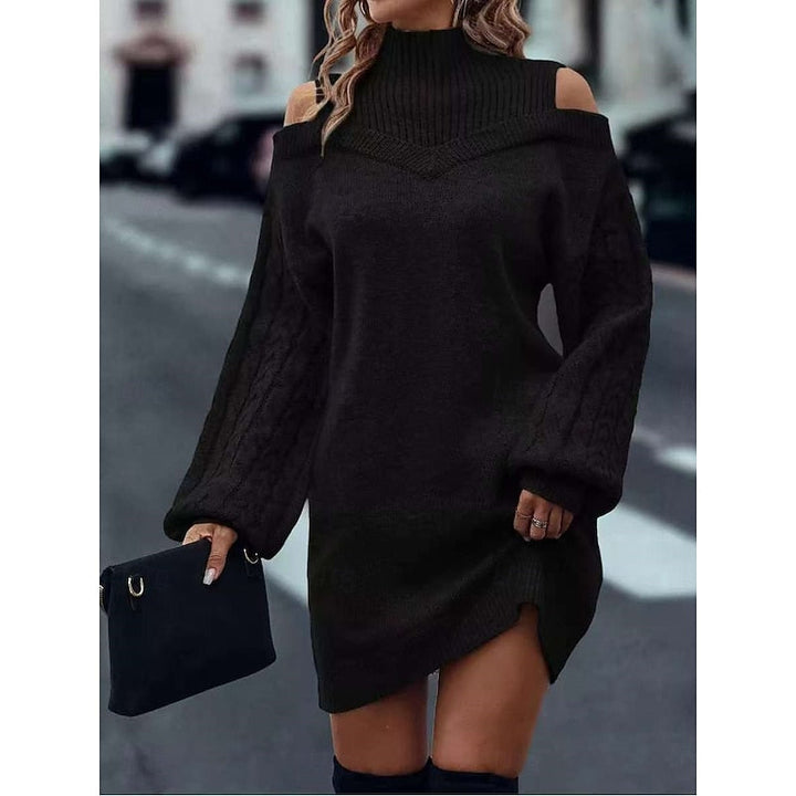 Damen Festliches Strickkleid mit Rollkragen und Cold-Shoulder in Schwarz