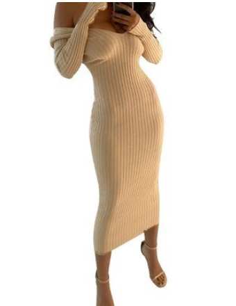 Damen figurbetontes Strickkleid für Herbst in Kakipflaume