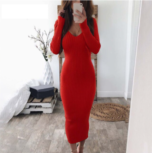 Damen figurbetontes Strickkleid für Herbst in Rot
