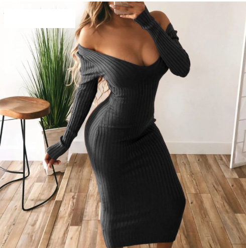 Damen figurbetontes Strickkleid für Herbst in Schwarz