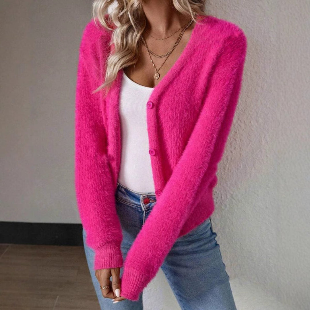 Damen Flauschiger Langpullover mit V-Ausschnitt (5)