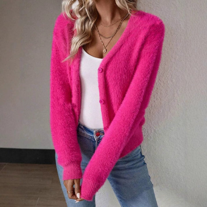Damen Flauschiger Langpullover mit V-Ausschnitt (5)