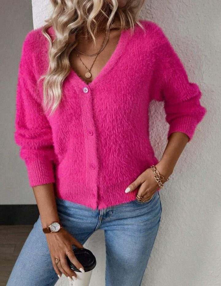 Damen Flauschiger Langpullover mit V-Ausschnitt in Magenta