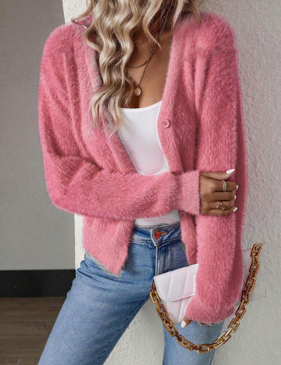 Damen Flauschiger Langpullover mit V-Ausschnitt in Rosa