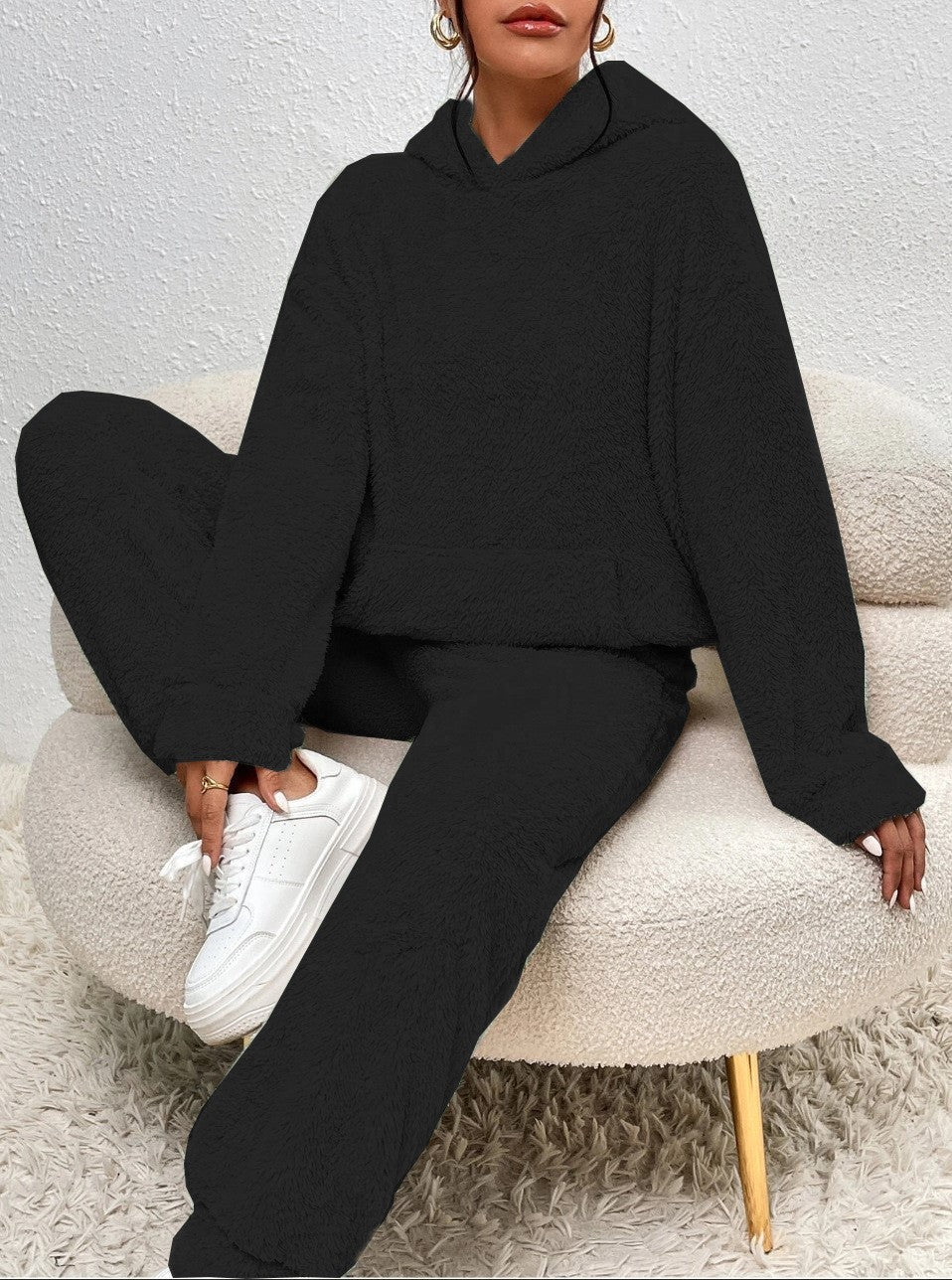 Damen Fleece-Jogginghose mit Hoodie für Alltag in Schwarz