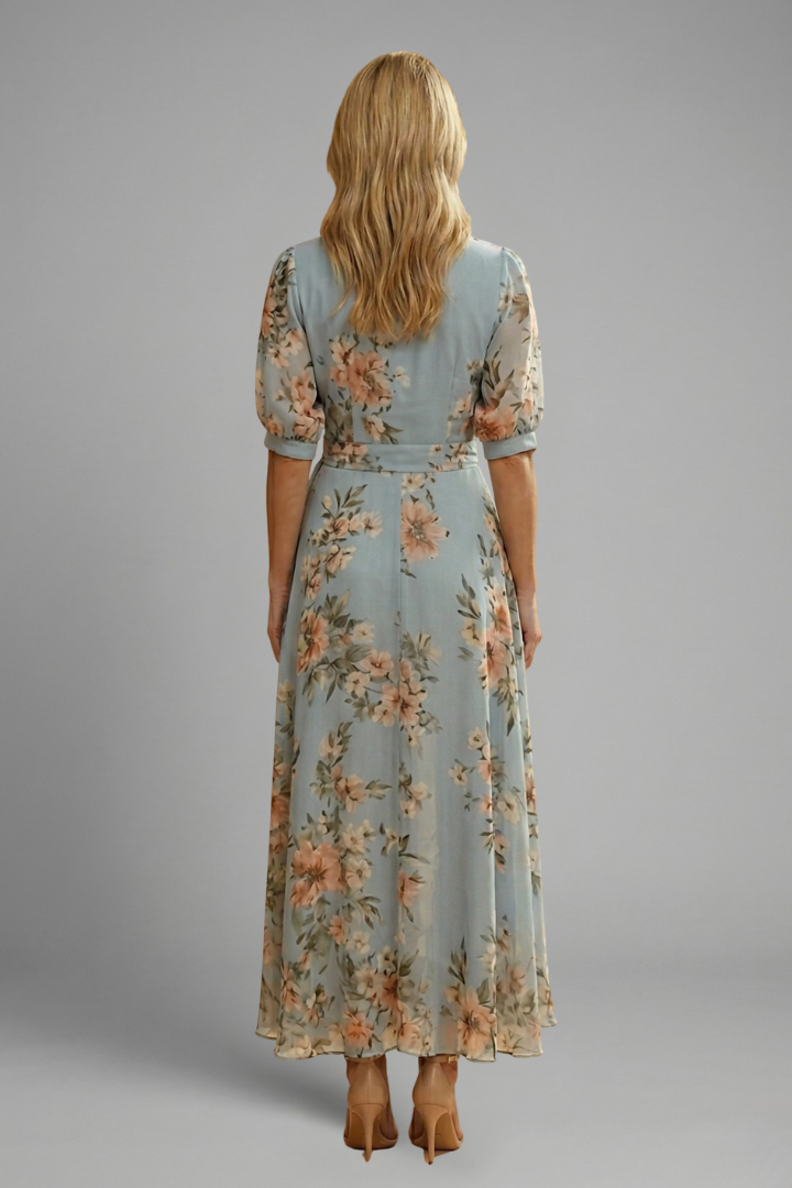 Damen Florales Midikleid mit kurzen Ärmeln für Hochzeitsgäste im Sommer (5)
