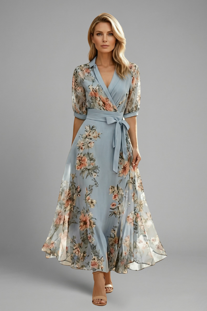 Damen Florales Midikleid mit kurzen Ärmeln für Hochzeitsgäste im Sommer in Blau