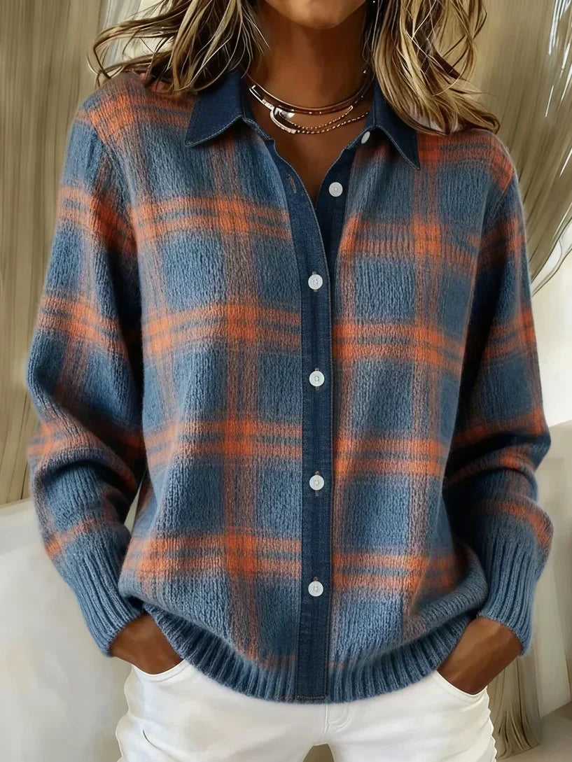 Damen Gemusterter Klassischer Cardigan in Blue and Orange