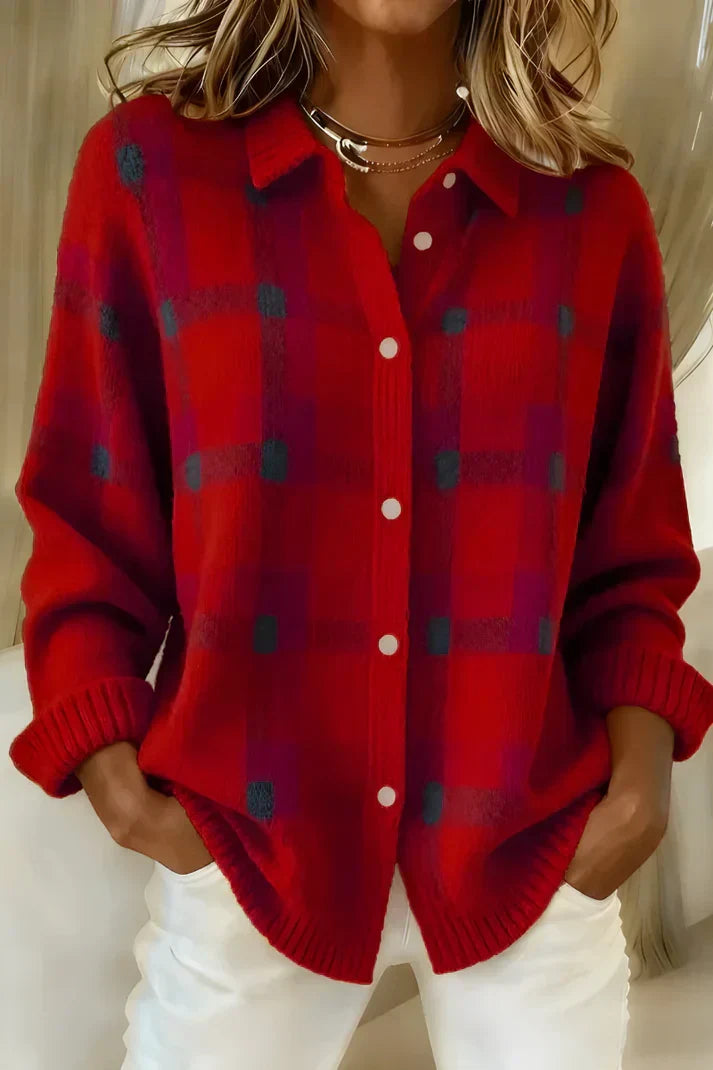 Damen Gemusterter Klassischer Cardigan in Rot