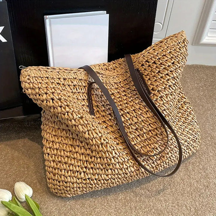 Damen Geräumige Raffia Schultertasche im Boho-Stil (6)