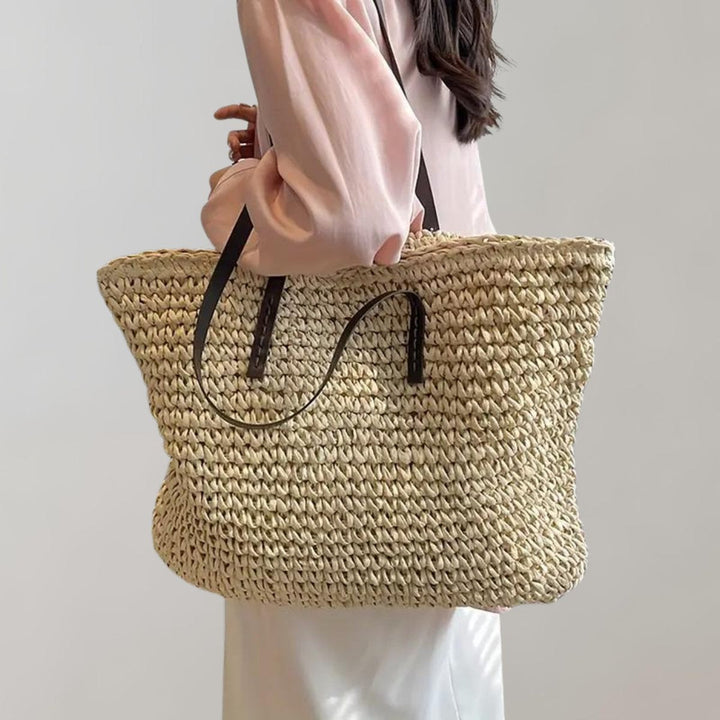 Damen Geräumige Raffia Schultertasche im Boho-Stil in Beige
