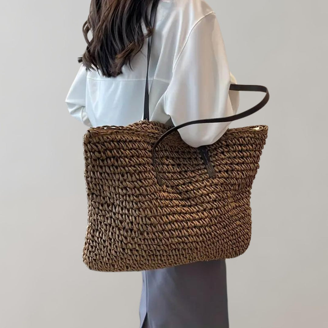 Damen Geräumige Raffia Schultertasche im Boho-Stil in Coffee