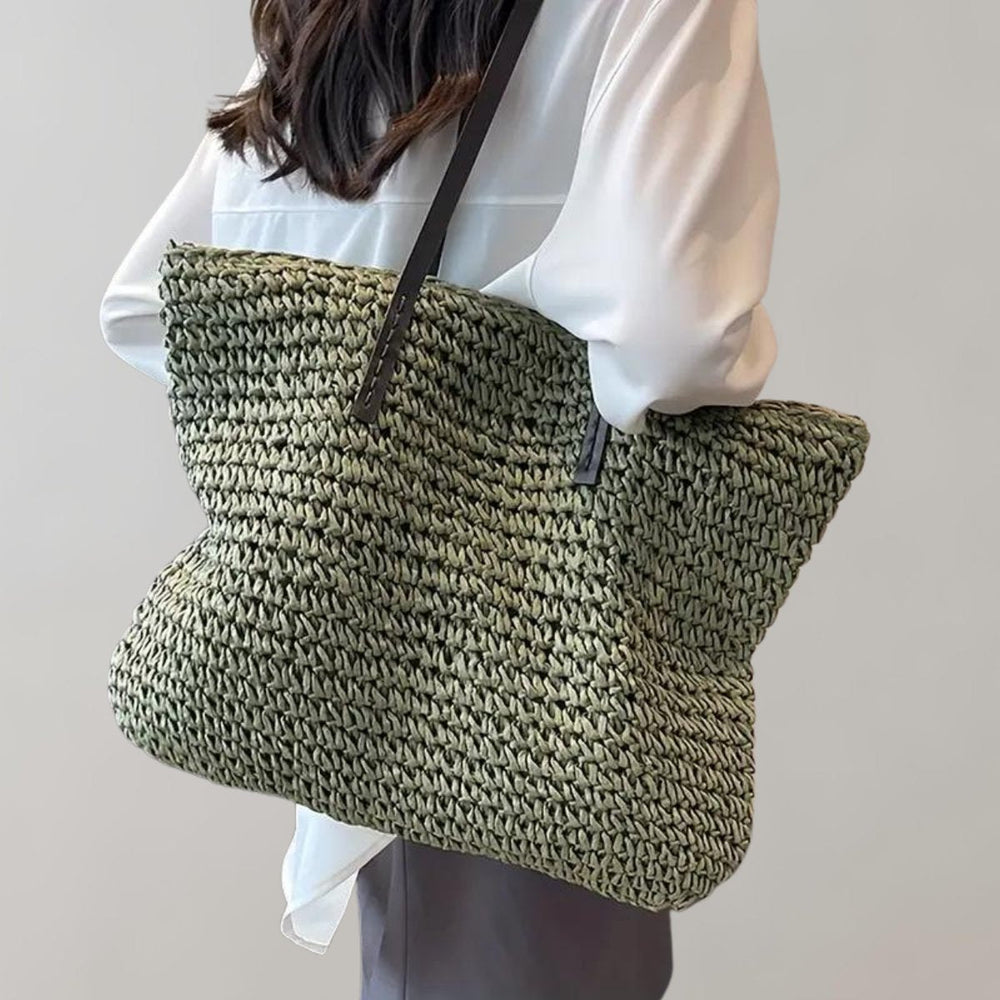 Damen Geräumige Raffia Schultertasche im Boho-Stil in Grün