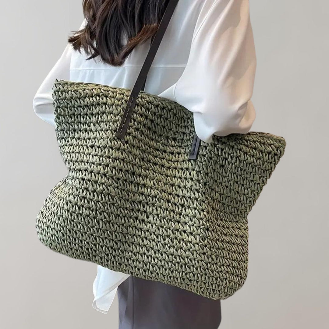 Damen Geräumige Raffia Schultertasche im Boho-Stil in Grün