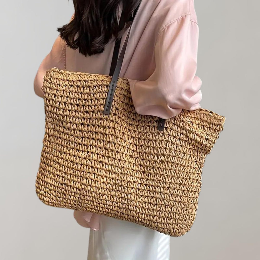 Damen Geräumige Raffia Schultertasche im Boho-Stil in Khaki