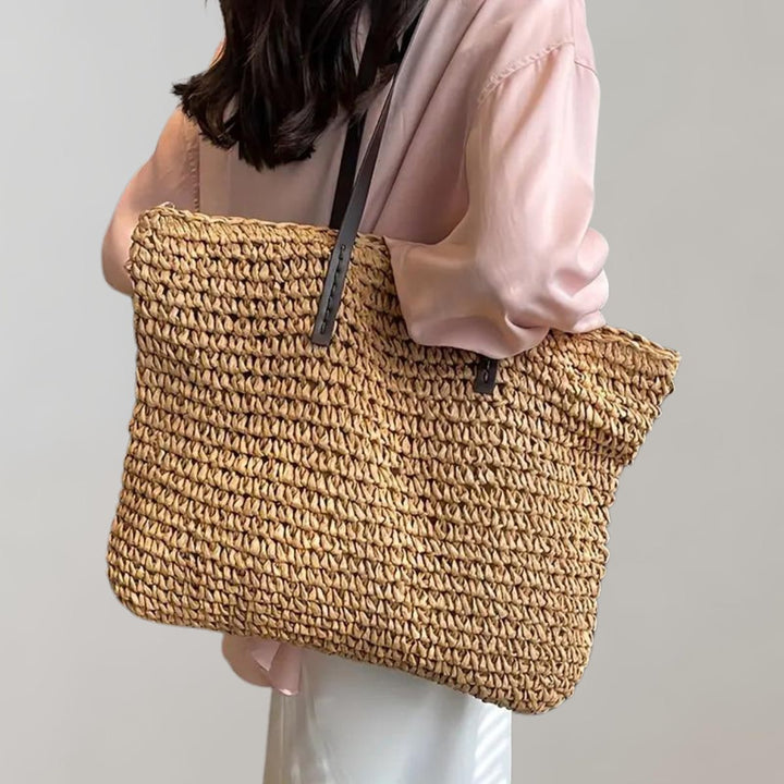 Damen Geräumige Raffia Schultertasche im Boho-Stil in Khaki