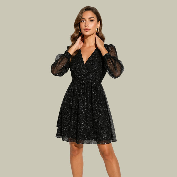 Damen Glitzer-Minikleid mit V-Ausschnitt für Hochzeitsgäste in Schwarz