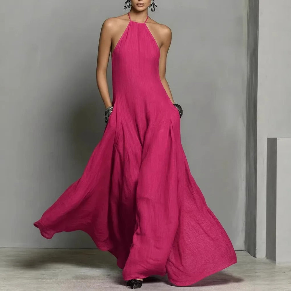 Damen Halter-Kleid im Leinenmix Maxilänge in 2